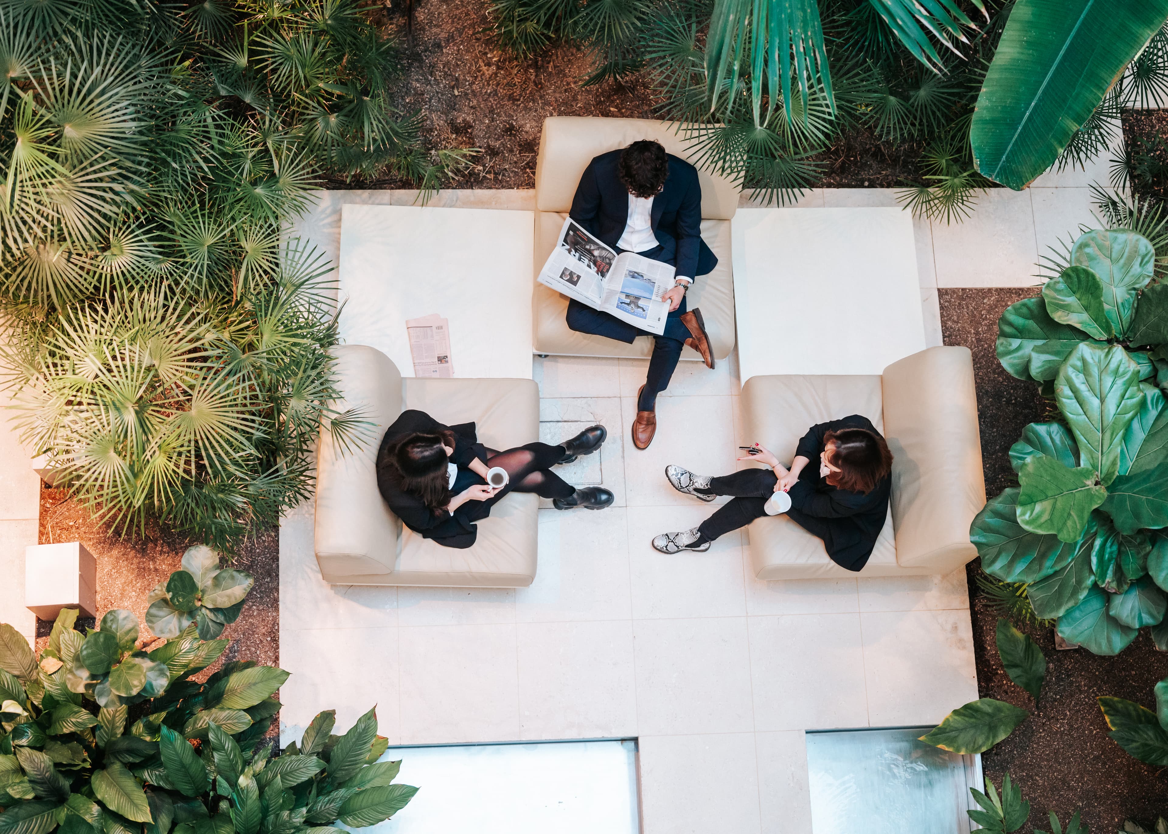 Drei Mitarbeitende der Baaderbank sitzen im begrünten Lounge-Bereich mit Zeitung und Kaffeetassen.